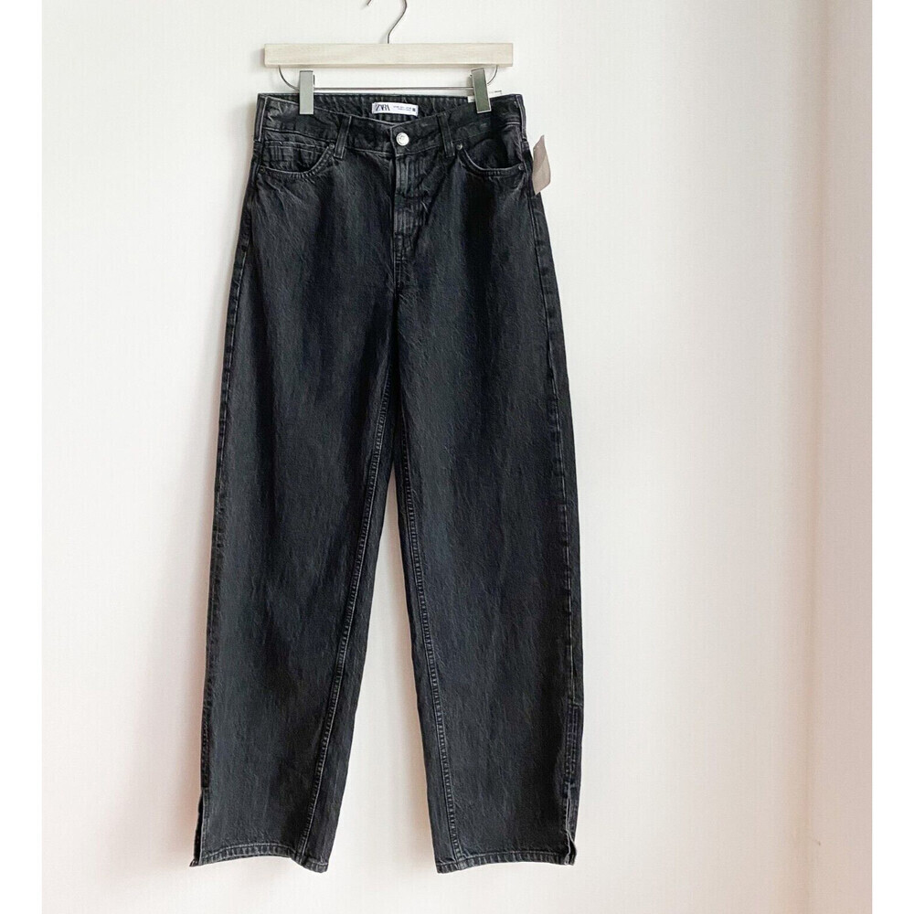 NWT Zara Black Wash Denim Wide Leg High Waist Jeans w Ankle Slits 4